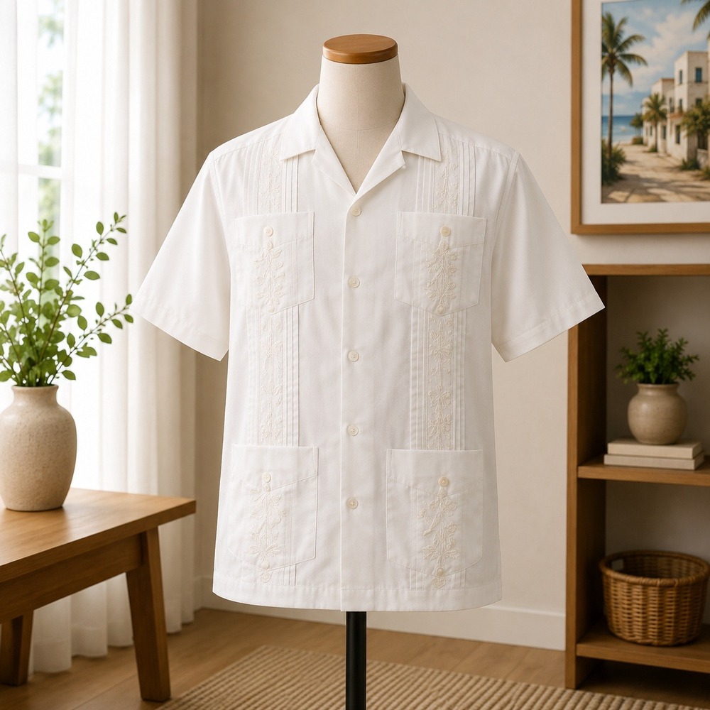 Romani Guayabera Shirt Mens Medium White Short Sleeve Embroidered Button Down